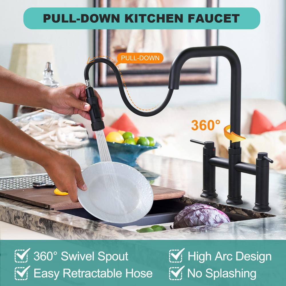 ARCORA AR7401402B 3 Holes Brass Double Handle Bridge Kitchen Faucet With 2-Mode Pull Down Sprayer And Supply Lines
