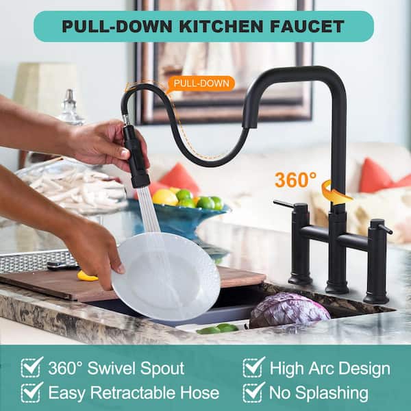 Brass Double Handle Deck Mounted Bridge Kitchen Faucet with Pull-Down Spray Head in Matte Black