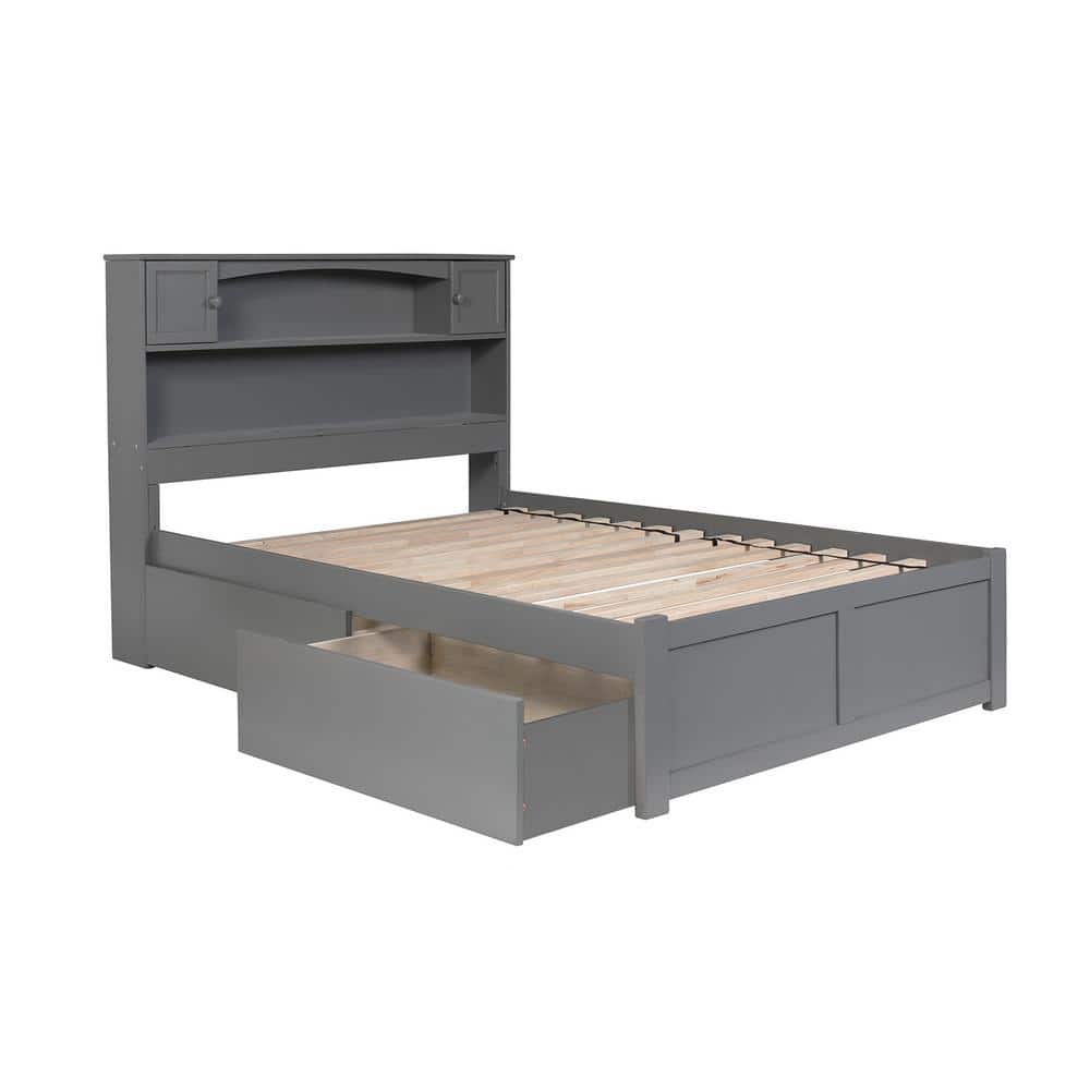 Gray Full Wood Platform Bed with Storage Drawers and Bookcase Headboard