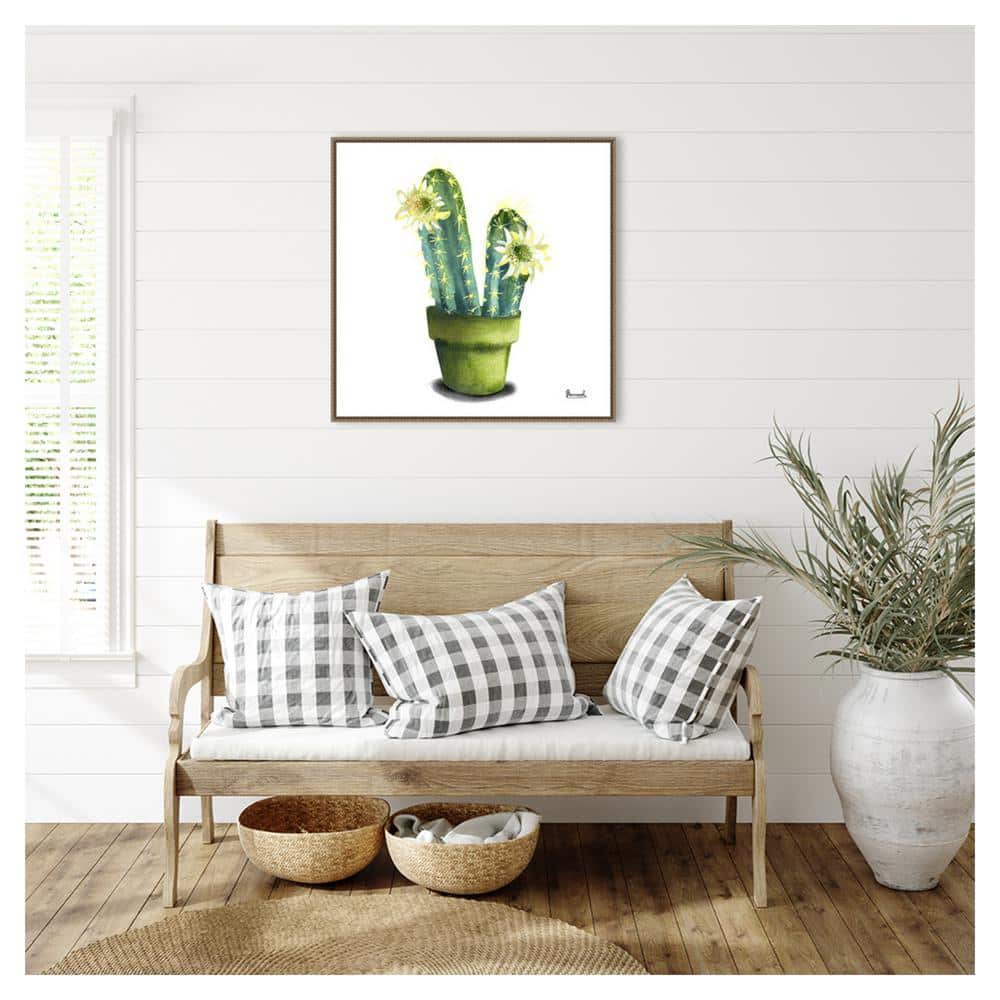 Cactus Flowers II Green and Yellow Canvas Print with Bronze Frame