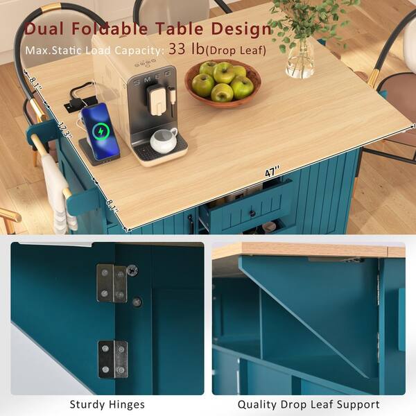 Xzkai Blue Wood 55.7 Large Kitchen Island with 2 Drop Leaf