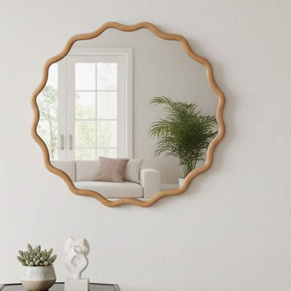 Natural Wood 24 in. W x 24 in. H Wavy Round Solid Wood Framed Mirror for Bathroom Vanity Living Room Entryway Decor