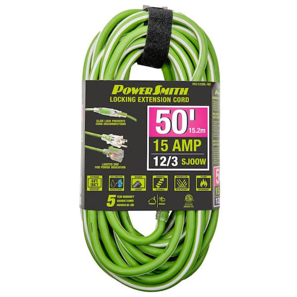 PowerSmith 50 ft. 12/3 AWG Rubber Jacket 15 Amp Heavy-Duty Indoor/Outdoor Locking Extension Cord, Green