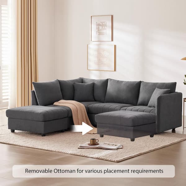 Nestfair 89 in. L-Shaped Linen Fabric Sectional Sofa in Dark Gray with Convertible Ottoman and 2 Pillows