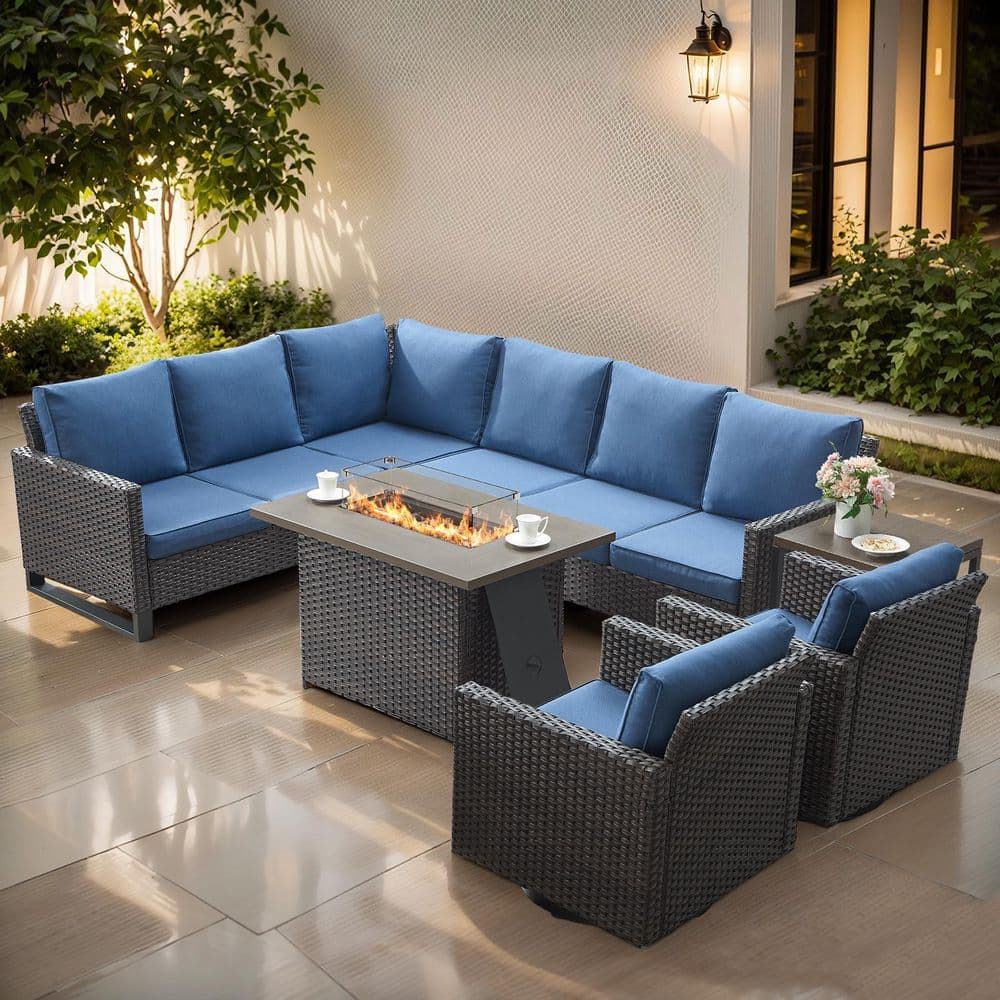 7-Piece Brown Wicker Fire Pit Conversation Set with Olefin Blue Cushions and Sectionsal Sofa/ Patio Swivel Chairs price history on PriceWatchPro