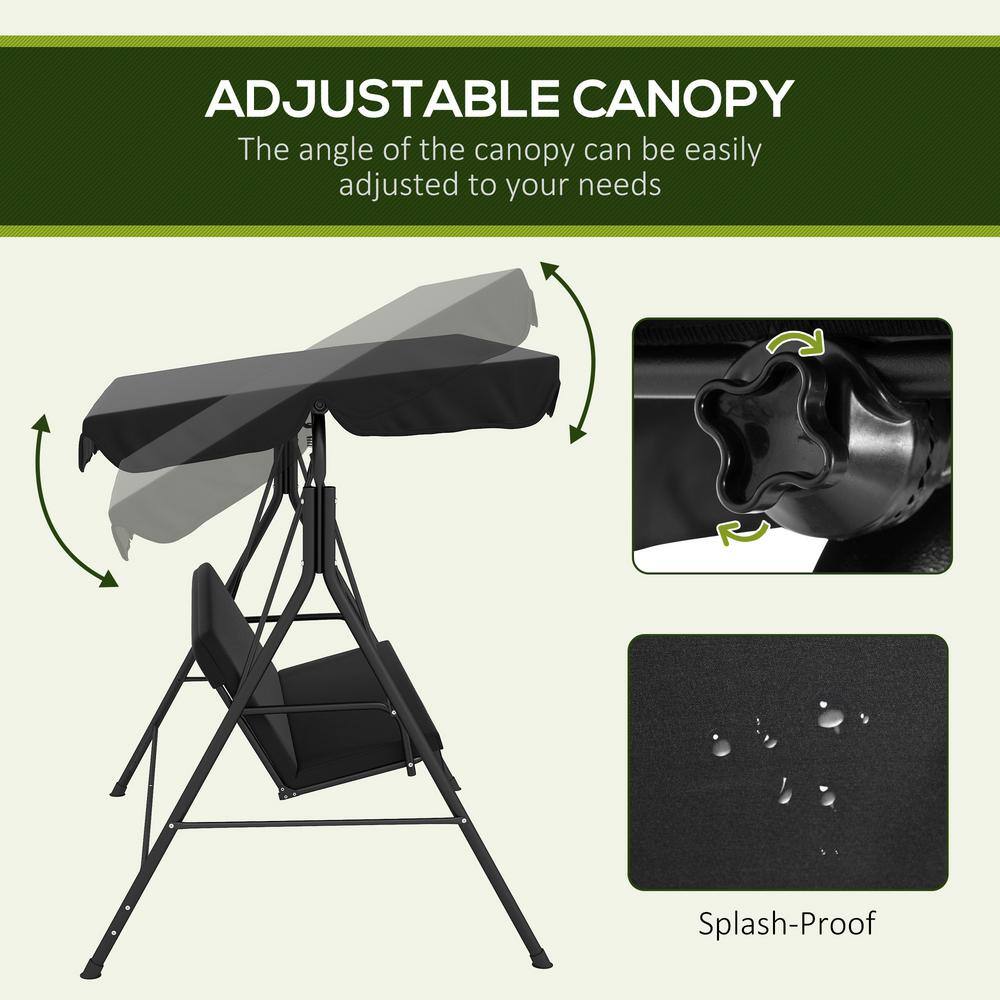 Black Steel Frame 3-Person Outdoor Patio Swing with Adjustable Canopy