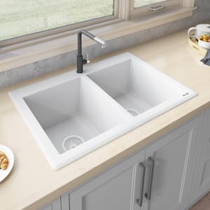 33 in. Double Bowl Dualmount Granite Composite Kitchen Sink in Arctic White