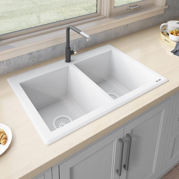 Ruvati 33 in. Double Bowl Dualmount Granite Composite Kitchen Sink in Arctic White