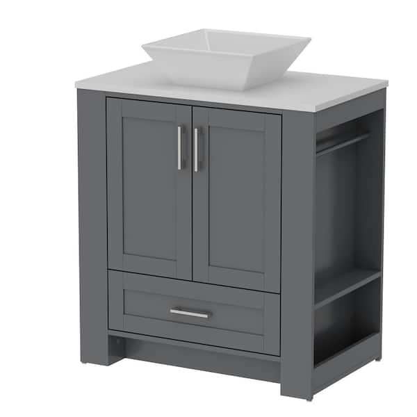 FUFU&GAGA 29.9 in. W x 18.1 in. D x 37 in. H in Gray Wood Ready to Assemble Cabinet for Bathroom with Above Counter Ceramics Sink