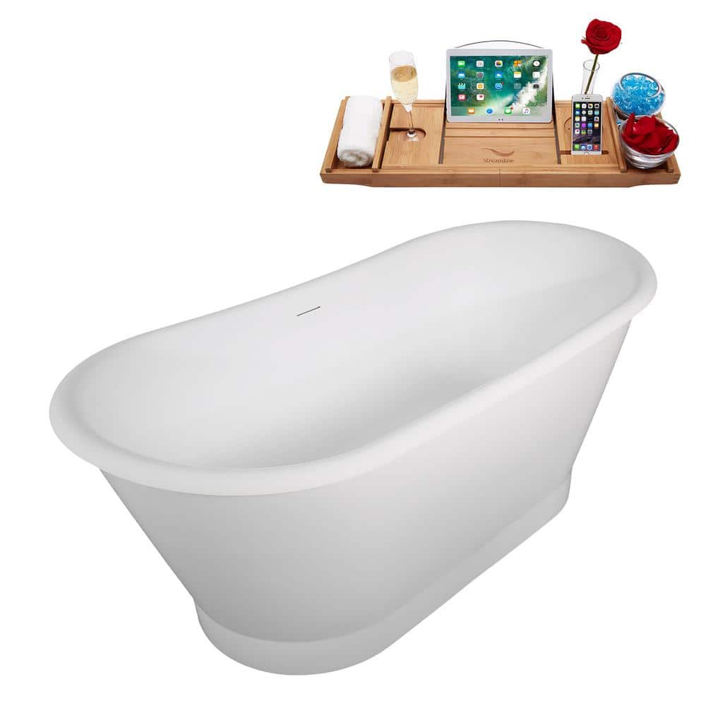 67" Glossy White Acrylic Freestanding Soaking Bathtub with Bamboo Tray