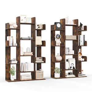 55.5 in. Tall Brown Wood 13-Shelf Tree-Shaped Bookcase Rustic Industrial Style (Set of 2)