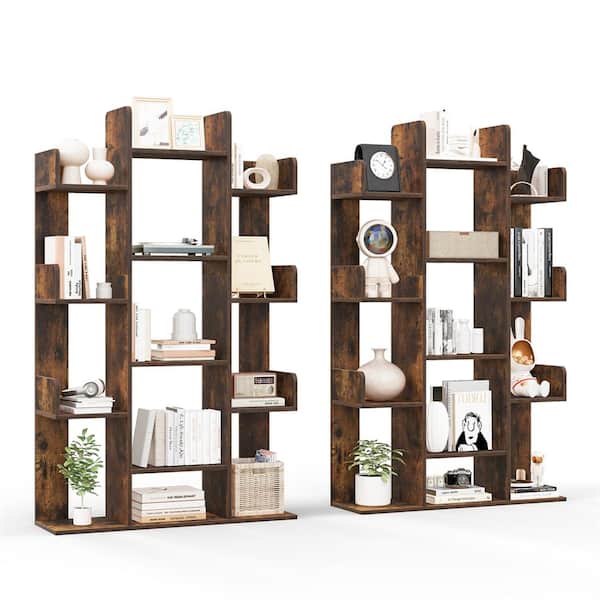 Costway 55.5 in. Tall Brown Wood 13-Shelf Tree-Shaped Bookcase Rustic Industrial Style (Set of 2)