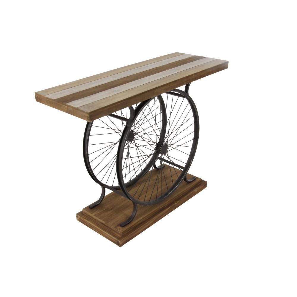 Industrial Brown Wood and Metal Wheel Console Table with Storage