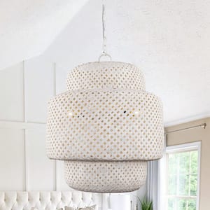 Farmhouse 15.75 in. 3-Light Distressed White Hand-Woven Bamboo Chandelier Island Pendant Light