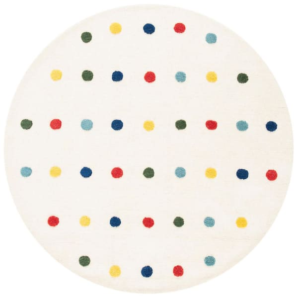 Kids 3 ft. x 3 ft. Ivory Polka-Dot Striped Round Area Rug