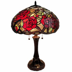 24 in. Dark Brown Metal 2-Light Candlestick Table Lamp With Red Dome Shade