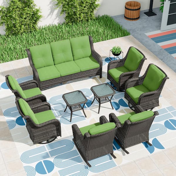 MeetLeisure 9-Pieces Patio Furniture Set Outdoor Wicker Sectional Sofa with Green Cushions and Glass Top Coffee Table