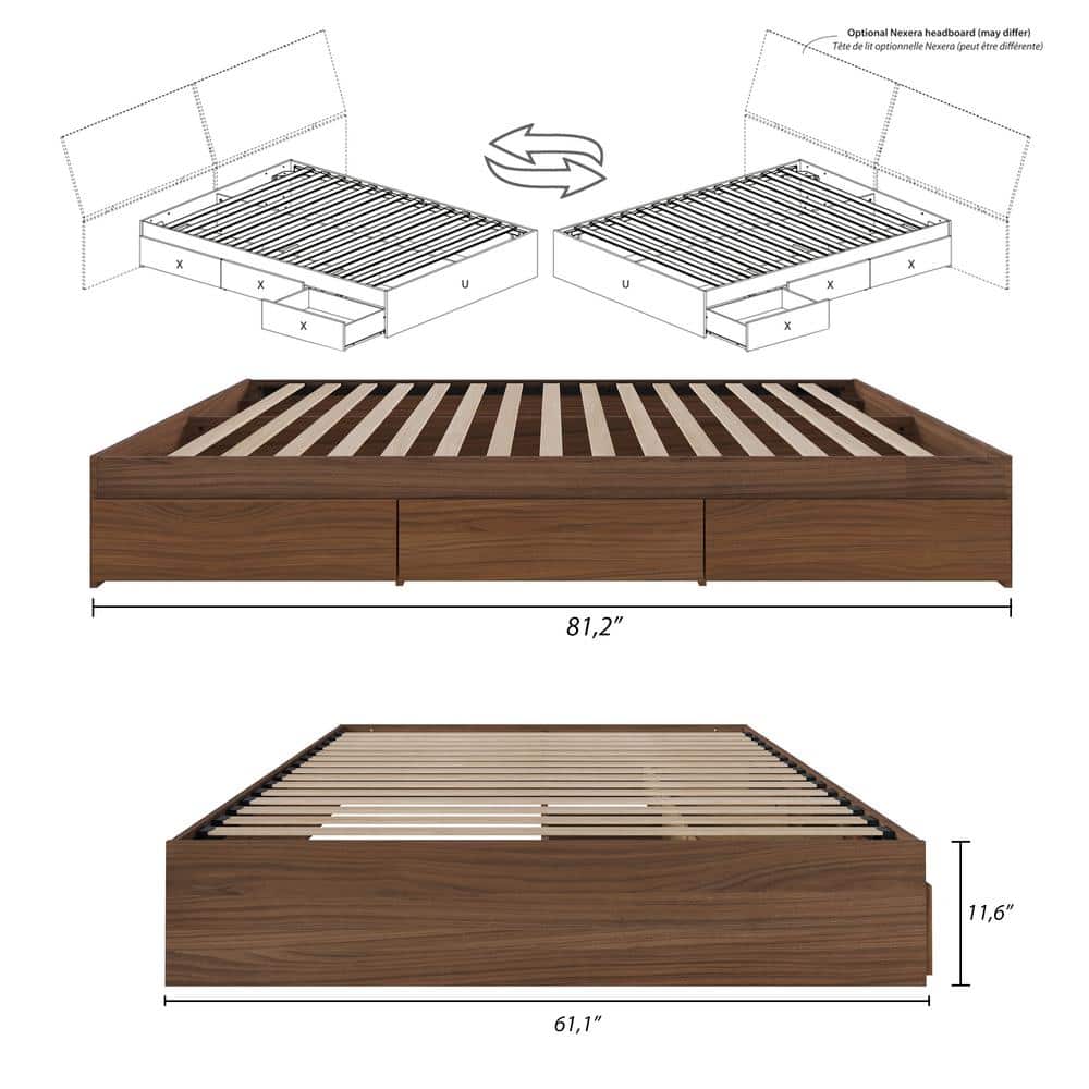 Walnut Queen Storage Bed Frame with 3 Drawers