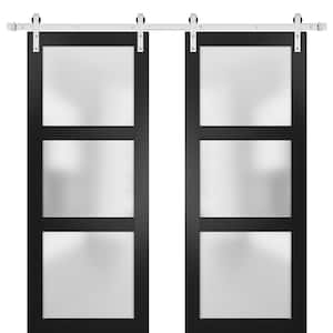 2552 36 in. x 80 in. 3 Panel Black Finished Pine Wood Sliding Door with Double Barn Stainless Hardware