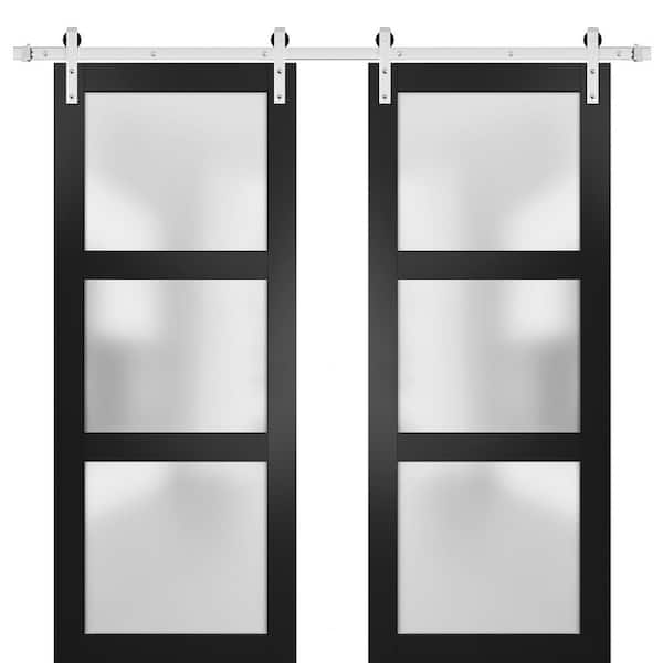 Sartodoors 2552 36 in. x 80 in. 3 Panel Black Finished Pine Wood Sliding Door with Double Barn Stainless Hardware