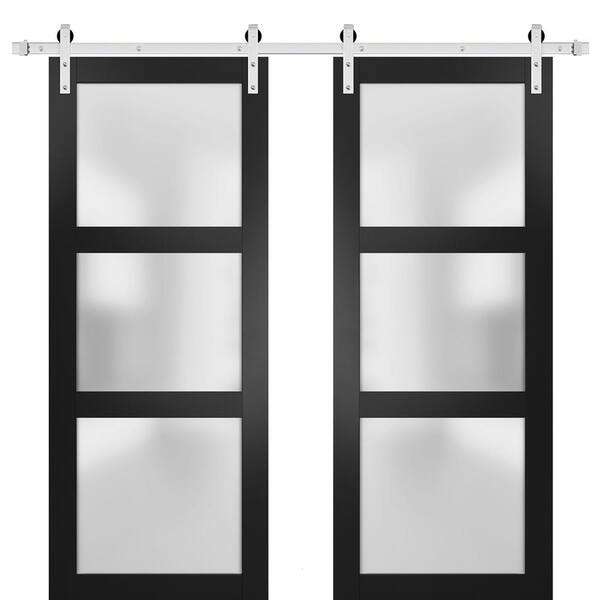 Sartodoors 2552 56 in. x 84 in. 3 Panel Black Finished Pine Wood Sliding Door with Double Barn Stainless Hardware