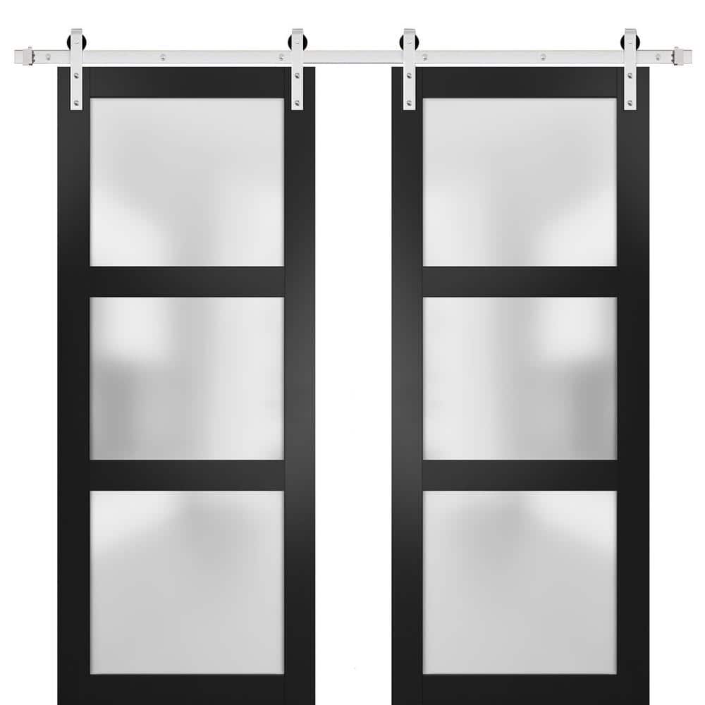 Assemble Required 2552 84 in. x 80 in. 3-Panel Black Finished Pine Wood Sliding Door with Double Barn Stainless Hardware price history on PriceWatchPro