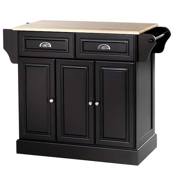 Black Smooth Rubber Wood Top 17.8 in. Kitchen Island Cart with 3 Door Cabinet and 2 Drawers