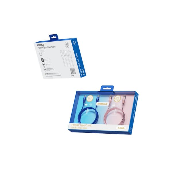 Emerald 6Ft Type C to Type C 20W Braided Charging Cable Pink and Blue (2 Pack)