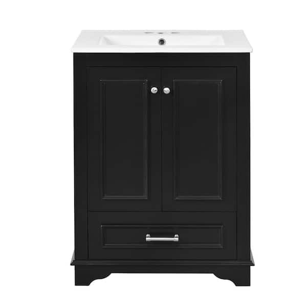 Virubi 24 in. Freestanding Black Bath Vanity with White Ceramic Top, Adjustable Shelf Unassembled