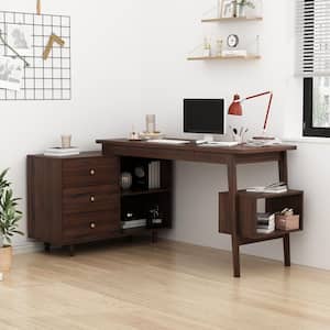 55.1 in. W L-shaped Brown Wood Grain Wooden 3-Drawer Computer Desk, Writing Desk with Shelves Storage