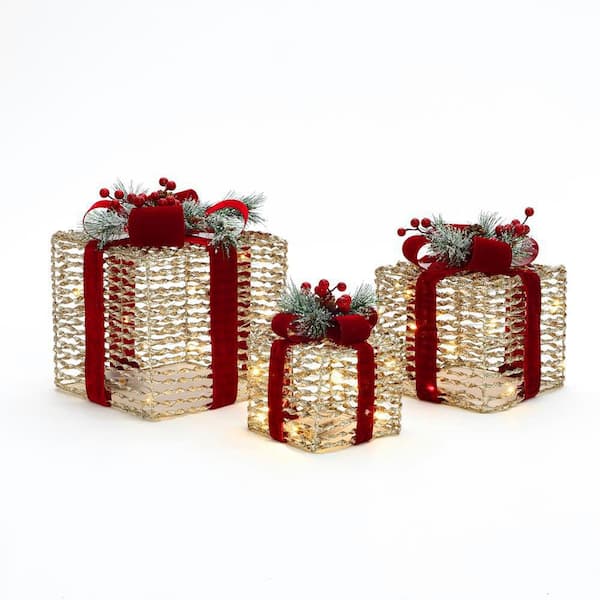 12 in. 3-Piece Plastic Rattan Gift Box Set with Red Ribbon Outdoor Christmas Decoration with Lights