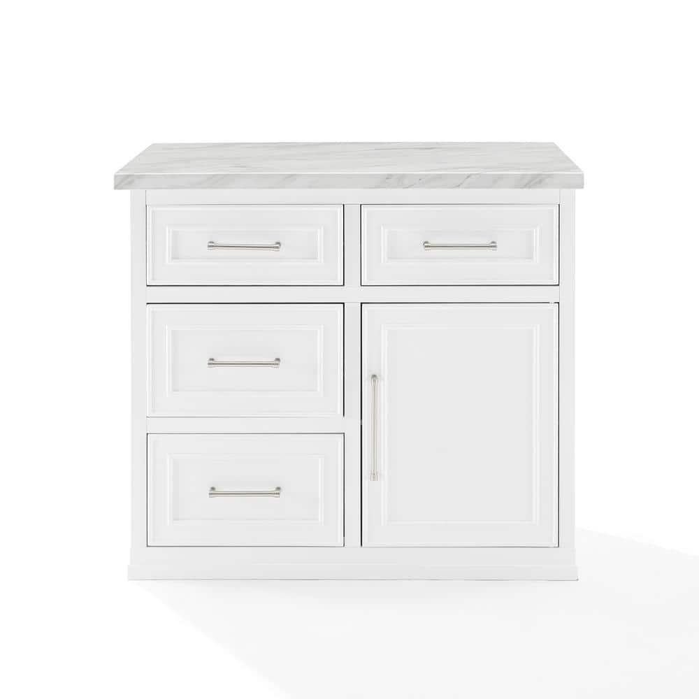 Cutler White Faux Marble Top Kitchen Island with Storage