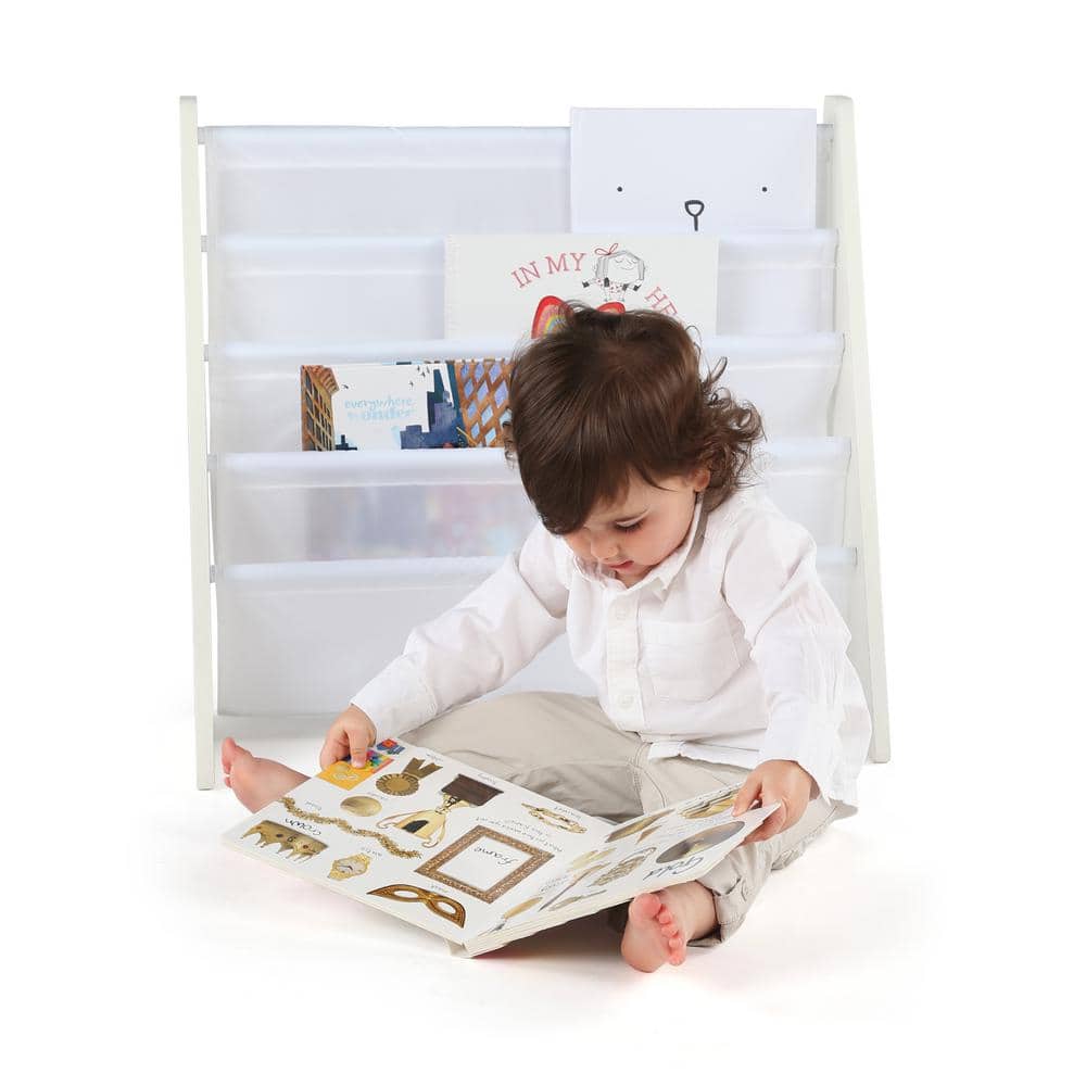 White 4-Tier Kids Book Rack with Fabric Pockets