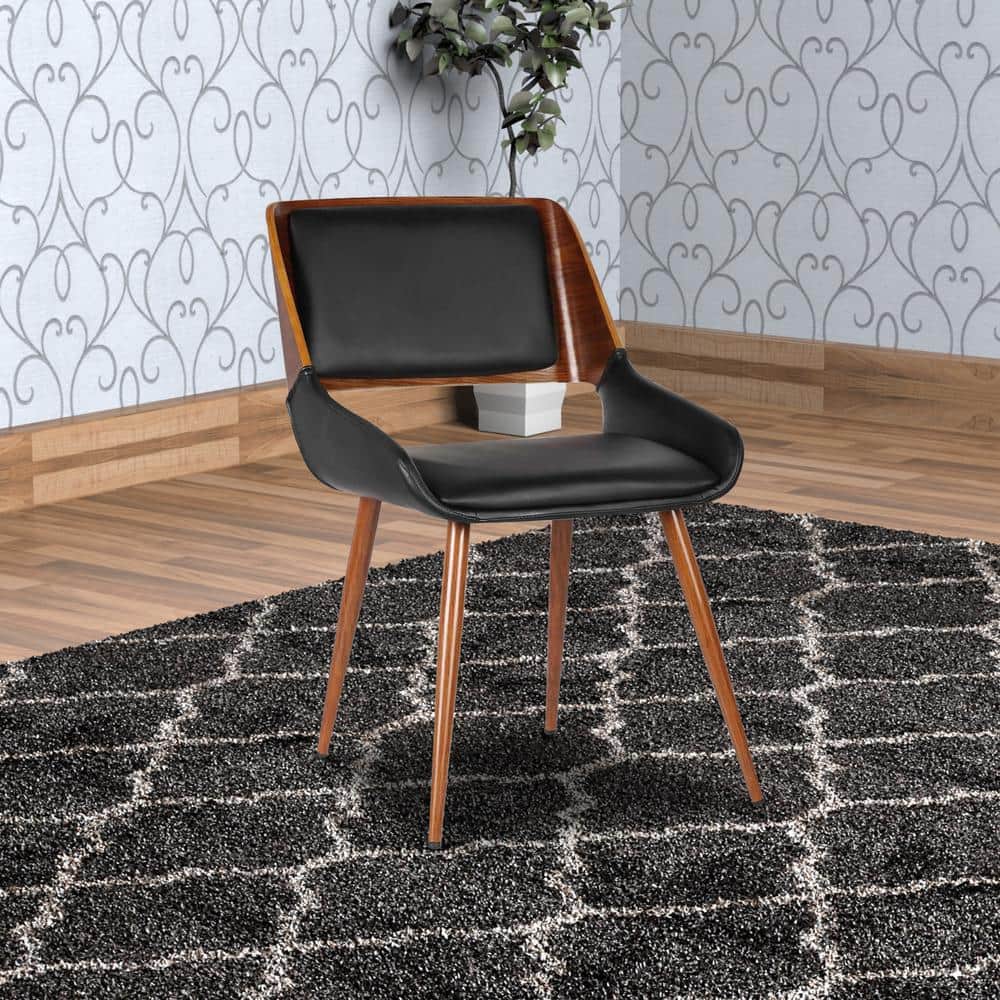 Black Faux Leather Walnut Wood Mid-Century Side Chair