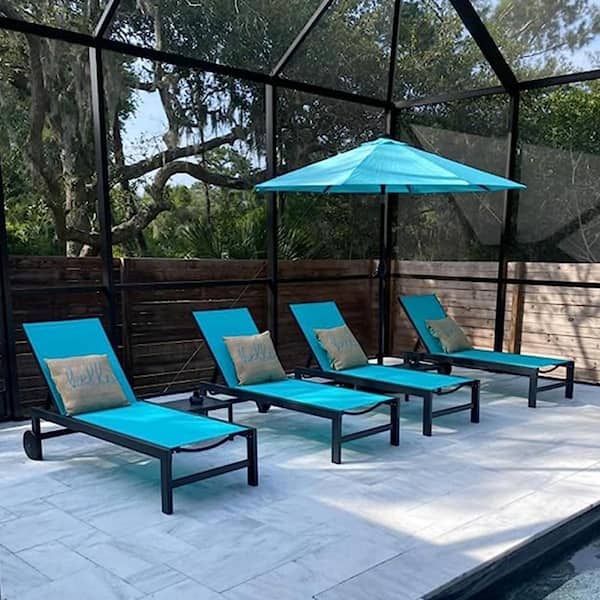 Textilene Fabric and Aluminum Frame Outdoor Chaise Lounge with Wheel and Side Table for Patio, Yard, Pool (4 pack)