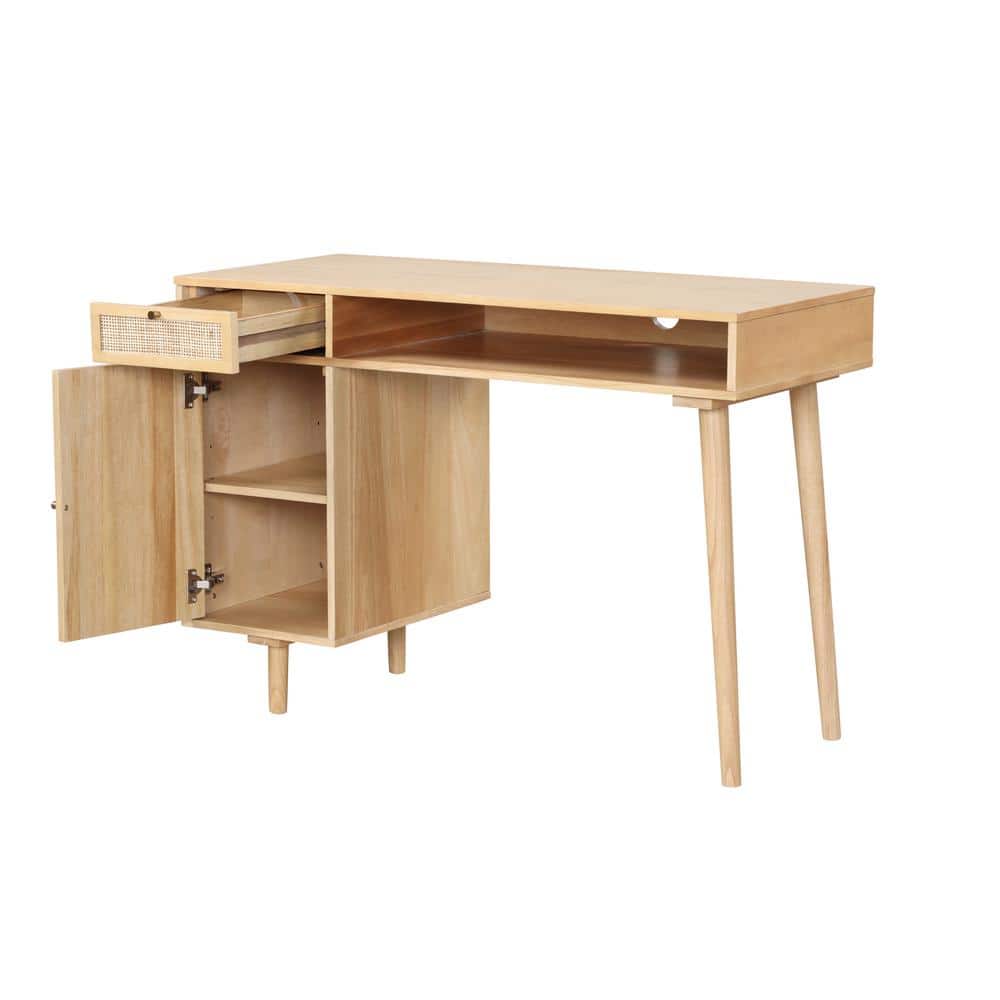 Warm Pine Rattan Desk with Drawer and Storage