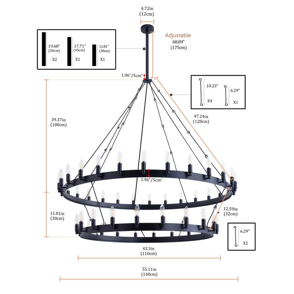 Aiwen 48-Light Black Metal Industrial Candle Chandelier