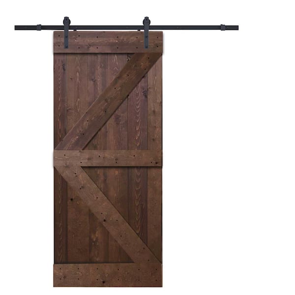 CALHOME 30 in. x 84 in. K-Style Knotty Pine Wood Barn Door with Sliding Door Hardware Kit
