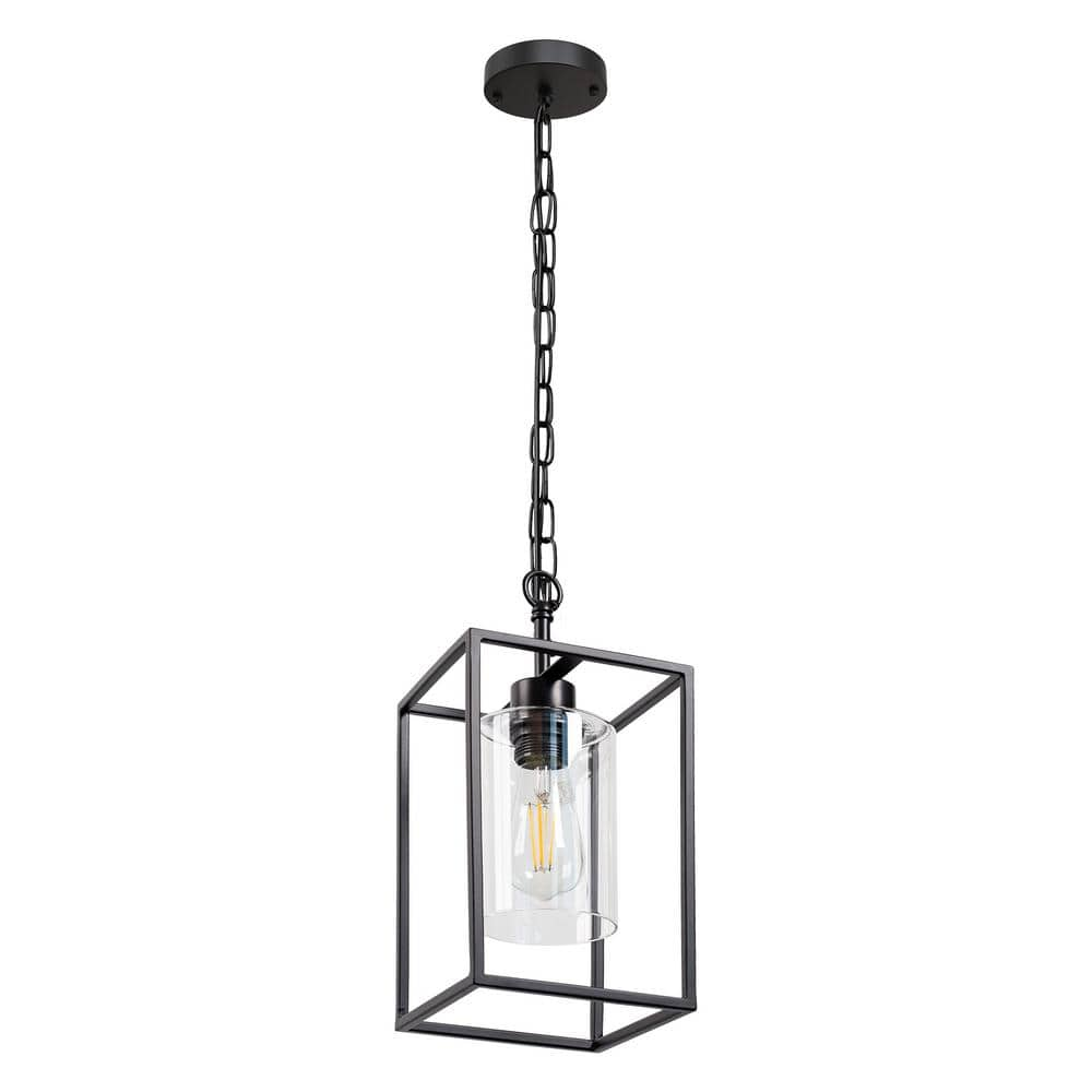 YANSUN 1-Light Farmhouse Black Kitchen Island Pendant Light, Industrial Lantern Chandelier Lighting for Dinning Room Hallway