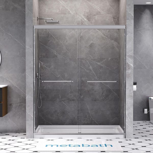 56 to 60 in. W x 72 in. H Semi Frameless Double Sliding Shower Door in Brushed Nickel with 5/16 in. Tempered Clear Glass