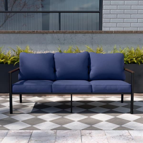 3-Seat Light Brown Wicker Outdoor Patio Sofa Couch in Steel Frame with Blue Cushions