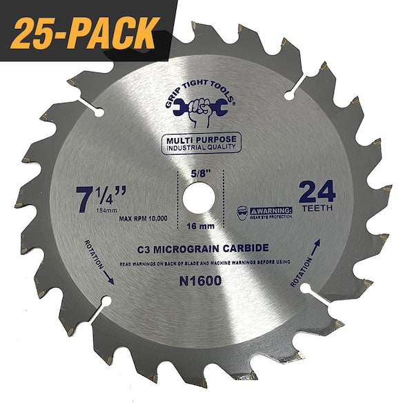 GRIP TIGHT TOOLS 7-1/4 in. Professional 24-Tooth Tungsten Carbide Tipped Circular Saw Blade for General Purpose & Wood Cutting (25-Pack)