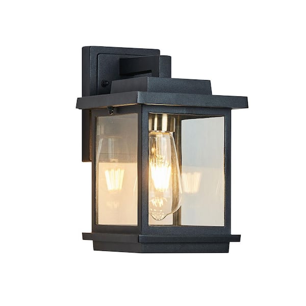 SILJOY Square 1-Light Modern Industrial Black and Gold Hardwired Outdoor Sconce Wall Lantern with Clear Glass Shade