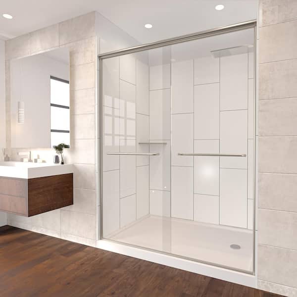 NuVo Winter White-Rainier 60 in. x 32 in. x 83 in. Base/Wall/Door Rectangular Alcove Shower Stall/Kit Brushed Nickel Right