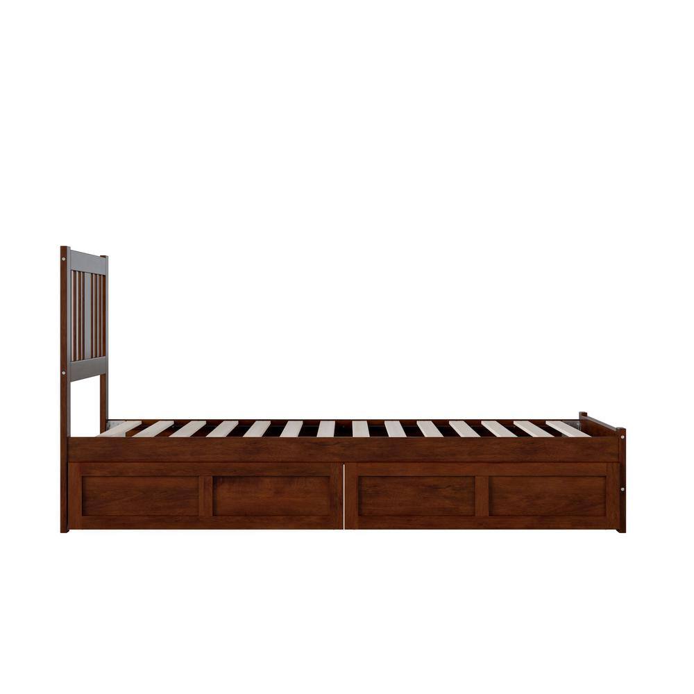 Walnut Wood Twin XL Bed with Headboard and 2 Drawers