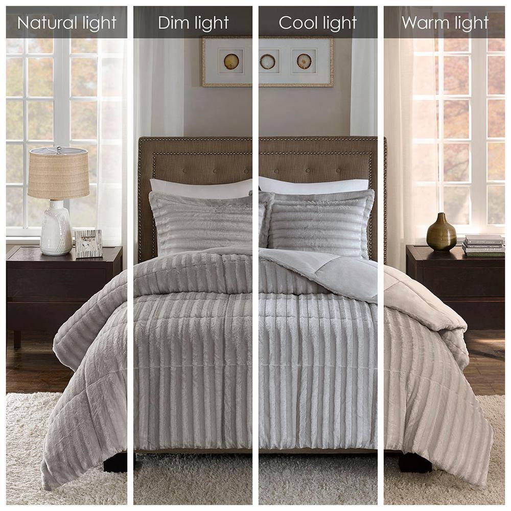 Gray King Faux Fur 3-Piece Comforter Set
