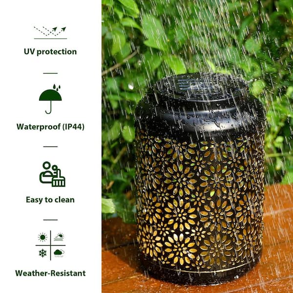 8.75 in. H Black Metal Cutout Flower Solar Powered Outdoor Hanging Lantern  with LED Light