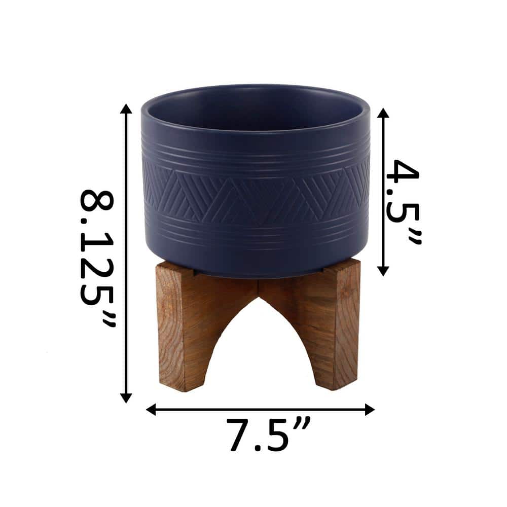 Matte Navy Ceramic Planter with Wood Stand, 7.5"