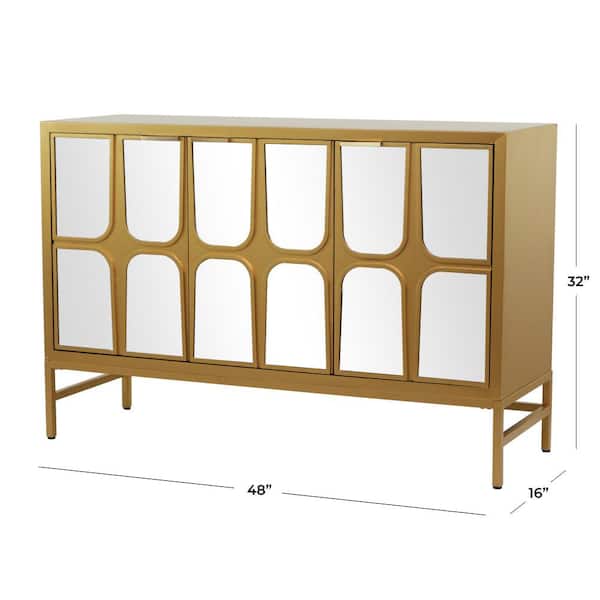 48 in. W Gold Wood 1 Shelf and 3 Doors Cabinet with Mirrored Front