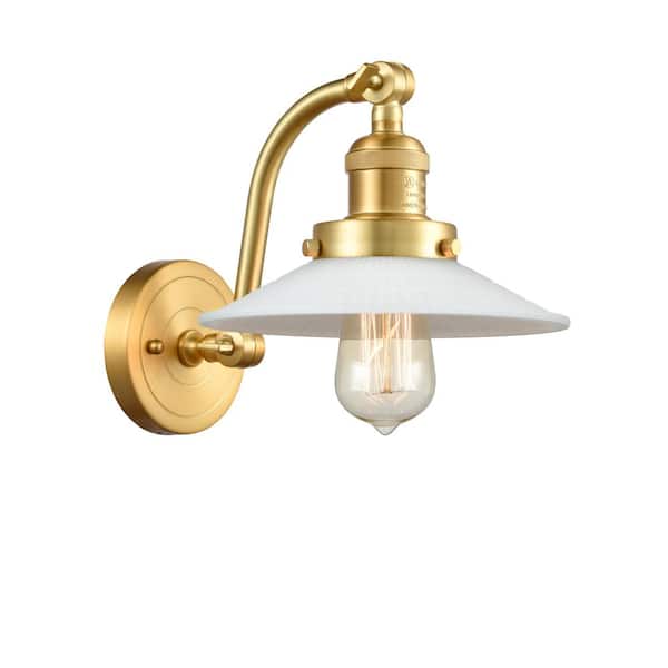 Halophane 1-Light Satin Gold, Matte White Halophane Wall Sconce with White Glass Shade